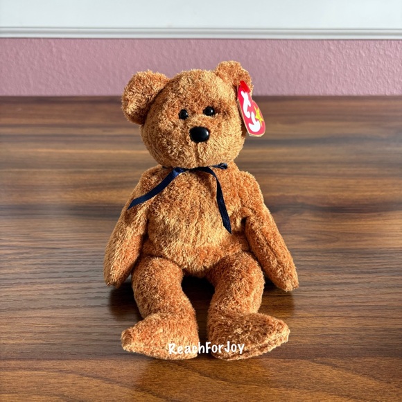 Beanie Baby Fuzz Ty Teddy Bear Blue Ribbon Fuzzy Soft Fur Plush - Picture 1 of 6